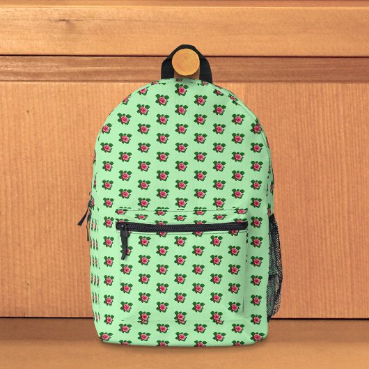 ピンクのバラの花ライトグリーンのシームレスなパターン プリントバックパック