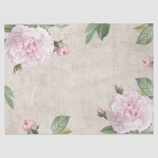 ピンクのバラの花ヴィンテージ音楽コラージュのデコページ 薄葉紙 (正面)
