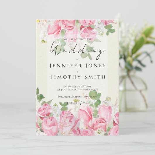 ピンクのバラの花束と緑の葉の水色 招待状 (スタンド正面)