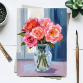 ピンクのバラの花束のガラス花瓶ロマンティックな花のカード