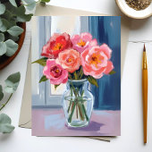 ピンクのバラの花束のガラス花瓶ロマンティックな花のカード