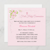 ピンクのバラの花束の最初聖餐 招待状 (正面/裏面)