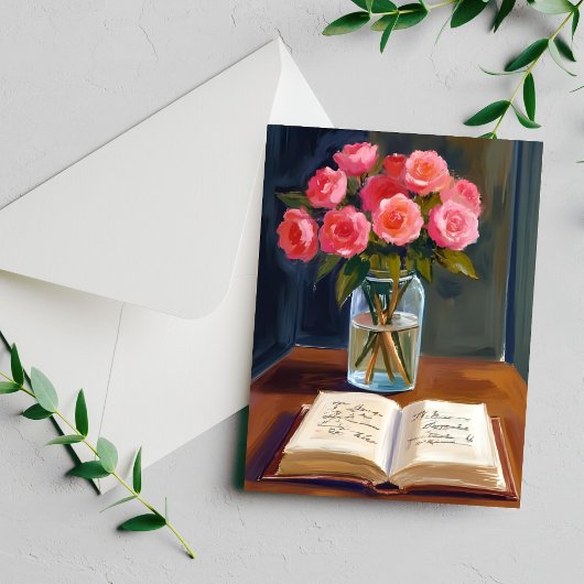 ピンクのバラの花束の水彩カード 読書コーナー