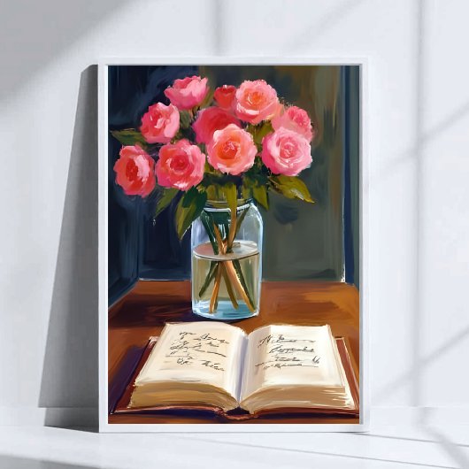 ピンクのバラの花束の水彩画 読書コーナー ポスター
