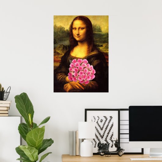ピンクのバラの花束を持つモナリサ ポスター (ホームオフィス)