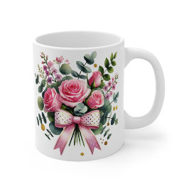 ピンクのバラの花束マグカップ、エレガントな花柄のコーヒーカップ コーヒーマグカップ