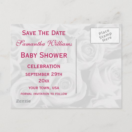 ピンクのバラの花束赤ちゃんシャワー日付を保存 案内ポストカード (裏面)