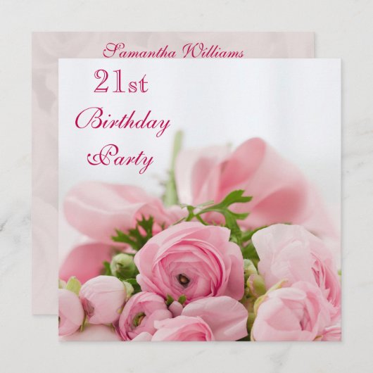 ピンクのバラの花束21歳の誕生日 招待状 (正面/裏面)