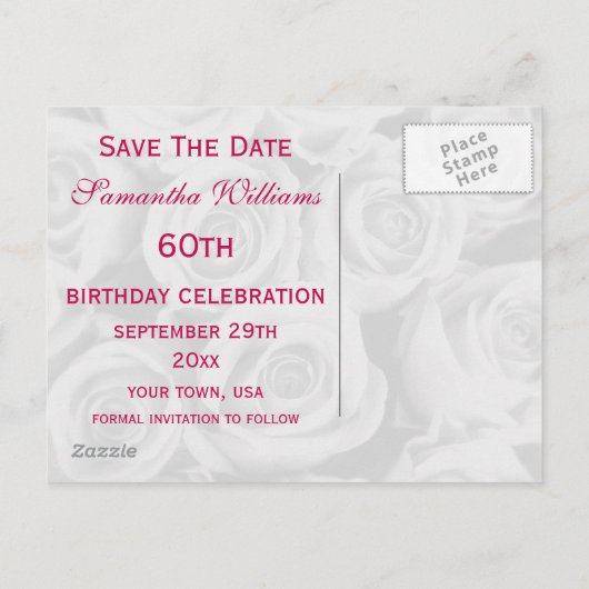 ピンクのバラの花束60誕生日日付を保存 案内ポストカード (裏面)