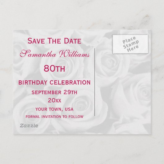 ピンクのバラの花束80誕生日日付を保存 案内ポストカード (裏面)