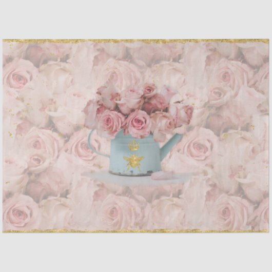 ピンクのバラの花束 ゴールドの蜂のクラウン 青のデコパージュ 薄葉紙 (正面)