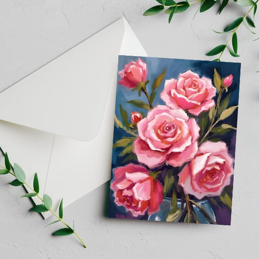 ピンクのバラの花束 ブルッシュ ローズ ブーケ 絵画 カード