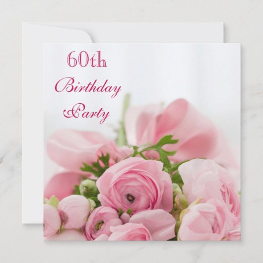 ピンクのバラの花束 60歳の誕生日 招待状 (正面)