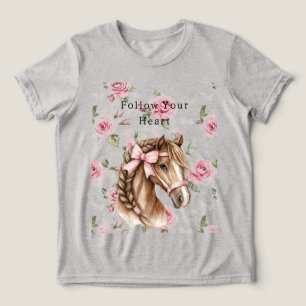 ピンクのバラの花柄が可愛いピンクのリボンの馬 トライブレンドＴシャツ
