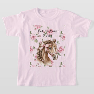ピンクのバラの花柄が可愛いピンクのリボンの馬 Tシャツ