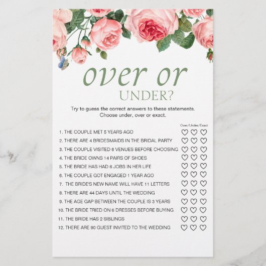ピンクのバラの花柄でほんのり赤らむ Over or Under ゲーム チラシ (正面)