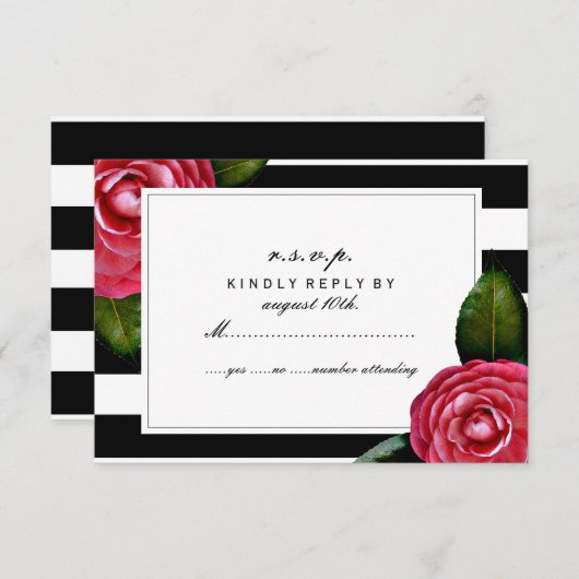 ピンクのバラの花柄の黒 + 白ストライプなRSVP 出欠カード (正面/裏面)