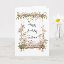 ピンクのバラの花柄スイング猫の誕生日 カード