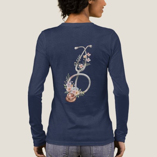 ピンクのバラの花柄聴診器デザインTシャツ トライブレンドTシャツ (背面)