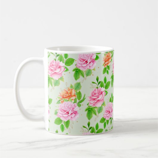 ピンクのバラの花柄 コーヒーマグカップ (左)