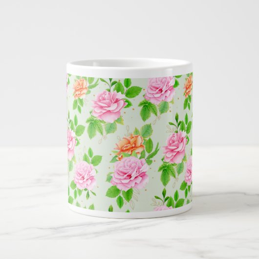 ピンクのバラの花柄 ジャンボコーヒーマグカップ (正面)