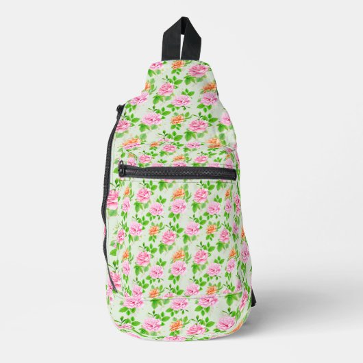 ピンクのバラの花柄 スリングバッグ (正面)