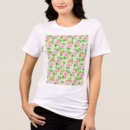ピンクのバラの花柄 トライブレンドＴシャツ (正面)