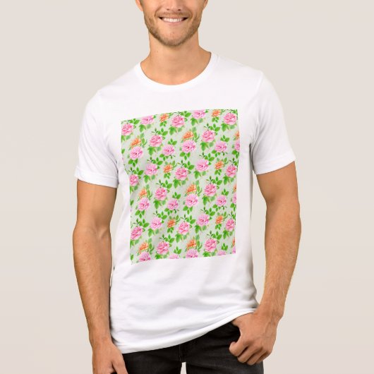 ピンクのバラの花柄 トライブレンドTシャツ (正面)