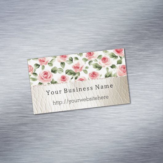 ピンクのバラの花柄 フェイクレザー クリーム マグネット名刺 (インサイチュ)