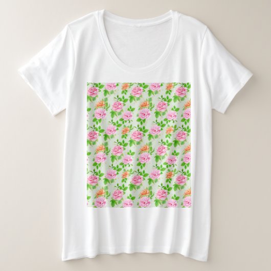 ピンクのバラの花柄 プラスサイズTシャツ (デザイン正面)