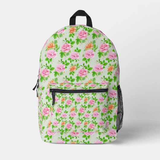 ピンクのバラの花柄 プリントバックパック (正面)