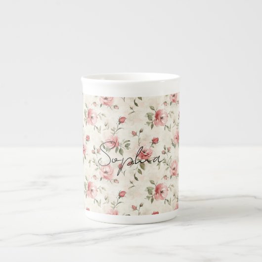 ピンクのバラの花柄 ボーンチャイナマグカップ (正面)