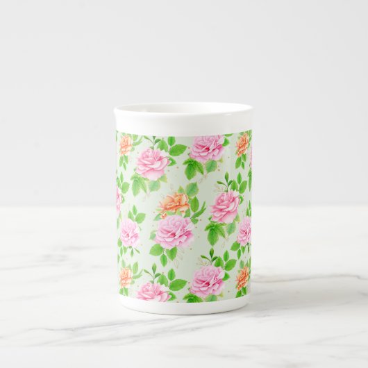 ピンクのバラの花柄 ボーンチャイナマグカップ (正面)