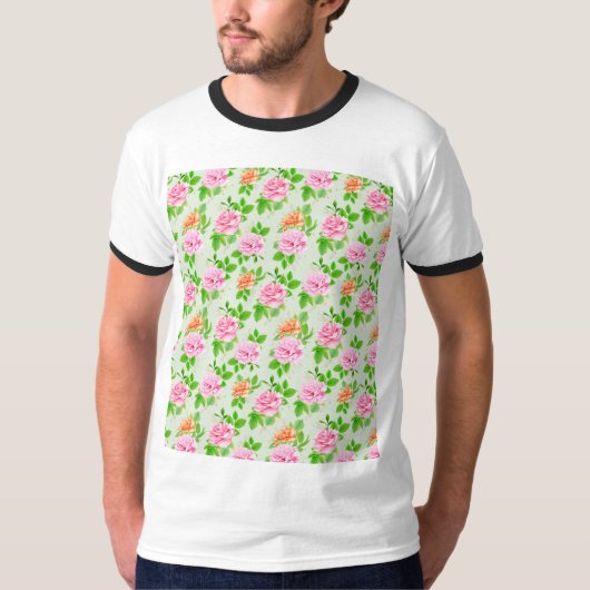 ピンクのバラの花柄 Tシャツ (正面)