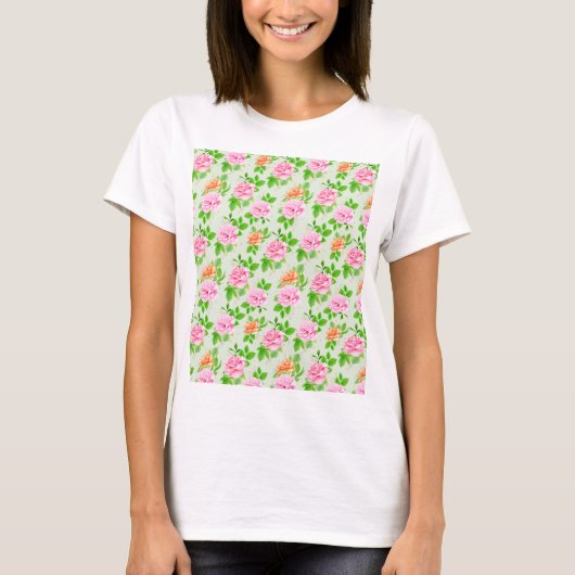 ピンクのバラの花柄 Tシャツ (正面)