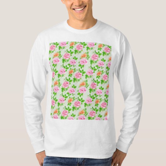 ピンクのバラの花柄 Tシャツ (正面)