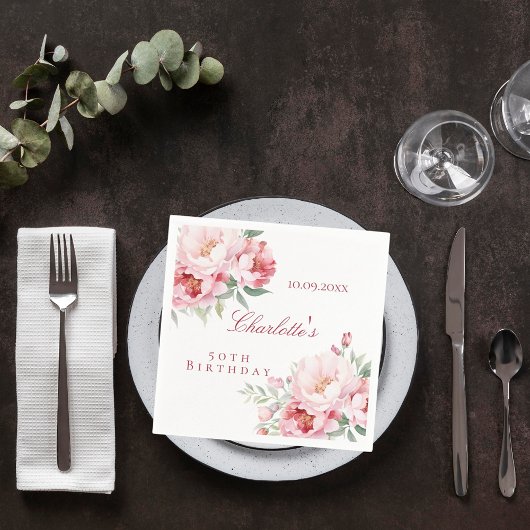 ピンクのバラの花模様エレガント誕生日 スタンダードカクテルナプキン