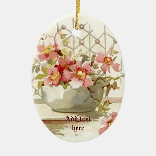 ピンクのバラの花瓶ヴィンテージ水彩オーナメント セラミックオーナメント (正面)