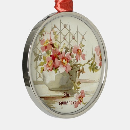 ピンクのバラの花瓶ヴィンテージ水彩オーナメント メタルオーナメント (右)
