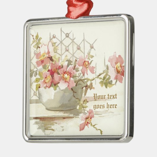 ピンクのバラの花瓶ヴィンテージ水彩オーナメント メタルオーナメント (左)