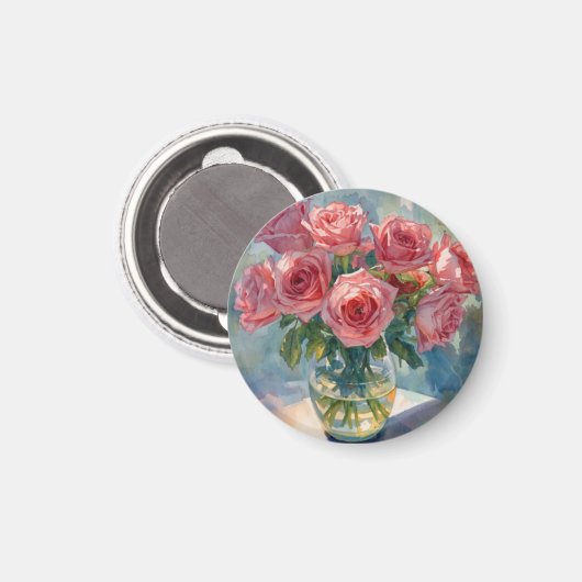ピンクのバラの花瓶 マグネット (正面/裏面)