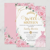 ピンクのバラの花飾り付きゴールドプリンセスドレス スウィート16 招待状 (正面/裏面)