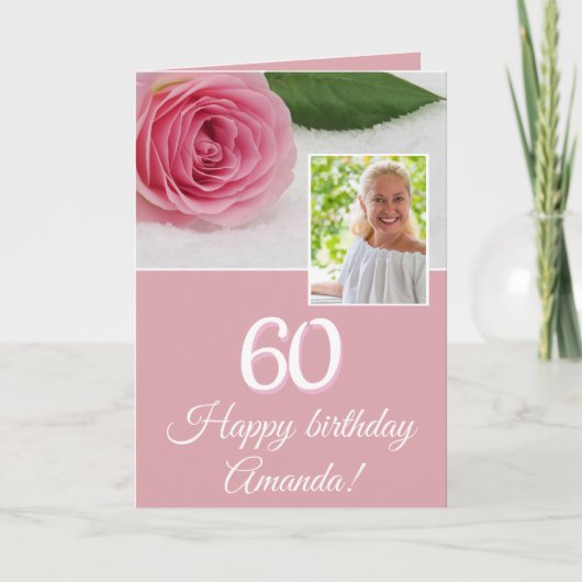 ピンクのバラの花 おもしろ フォト フラワーの60歳の誕生日 カード (正面)