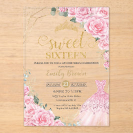 ピンクのバラの花 ゴールドのプリンセスドレス Sweet 16 アクリル招待状