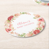 ピンクのバラの花 フラワー グリーン ガール ベビーシャワー ラウンドペーパーコースター (アングル)