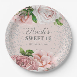 ピンクのバラの花 フラワー シルバーグリッター スイート16 ペーパープレート