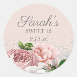ピンクのバラの花 フラワー シルバーグリッター スイート16 ラウンドシール