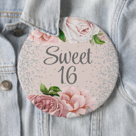 ピンクのバラの花 フラワー シルバーグリッター スイート16 缶バッジ
