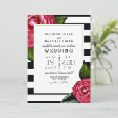 ピンクのバラの花 フローラル ブラック+ホワイト ストライプ ウェディング 招待状 (スタンド正面)