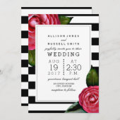 ピンクのバラの花 フローラル ブラック+ホワイト ストライプ ウェディング 招待状 (正面/裏面)